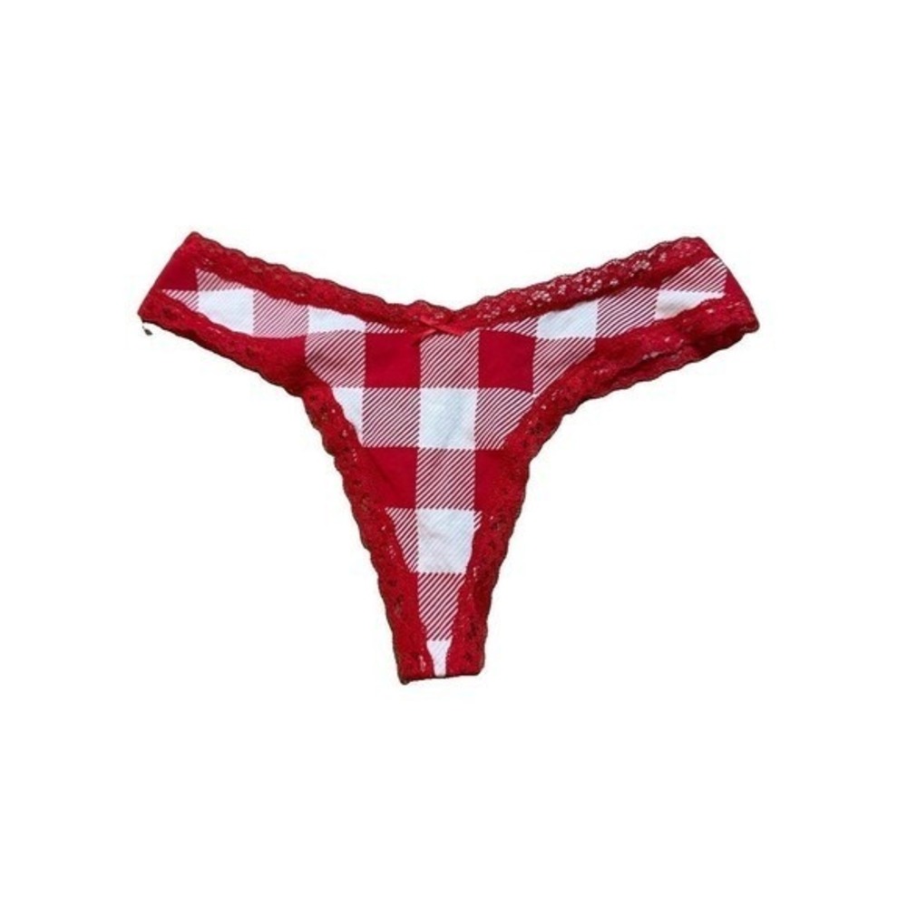 Skims Lightweight Cotton Pointelle Lace Trim Thong - NWOT - Red Plaid - Small